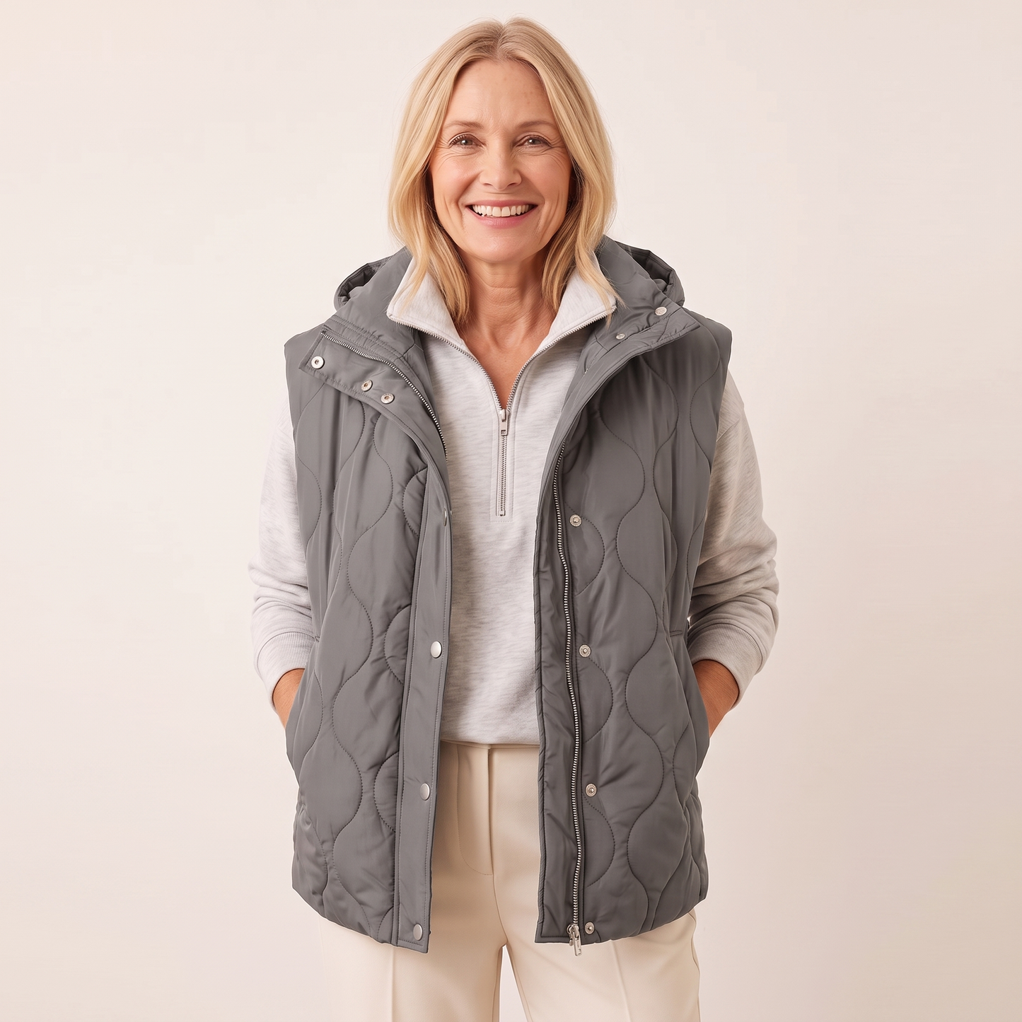 Ramona quilted hooded puffer vest in gray