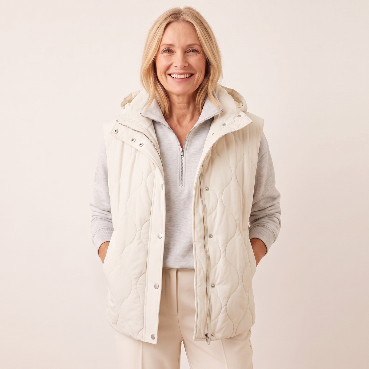 Ramona quilted hooded puffer vest in ivory