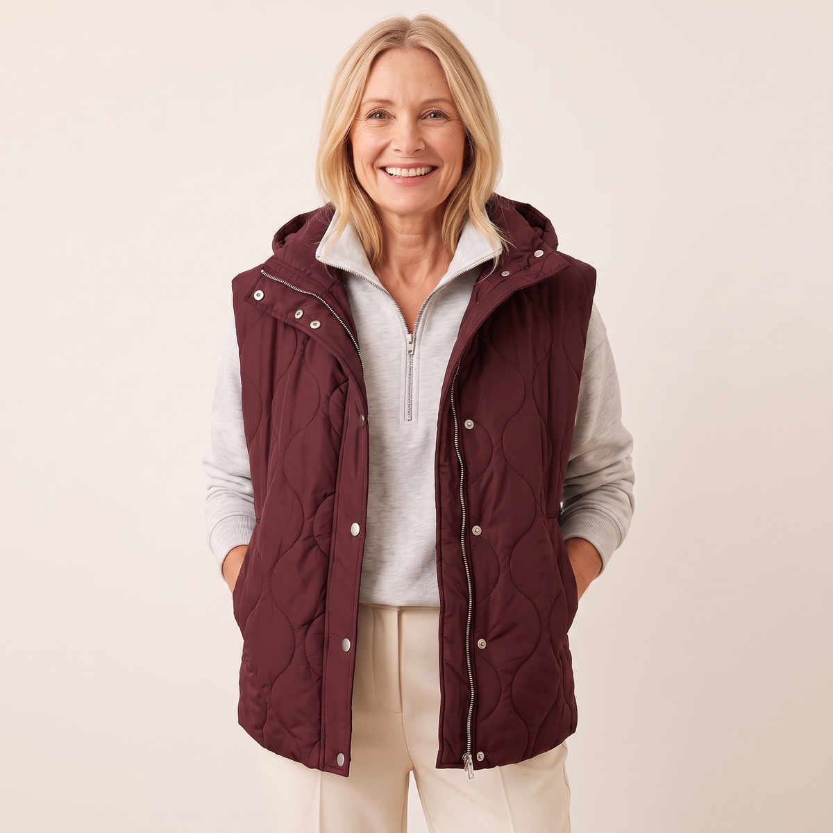 Ramona quilted hooded puffer vest in burgundy