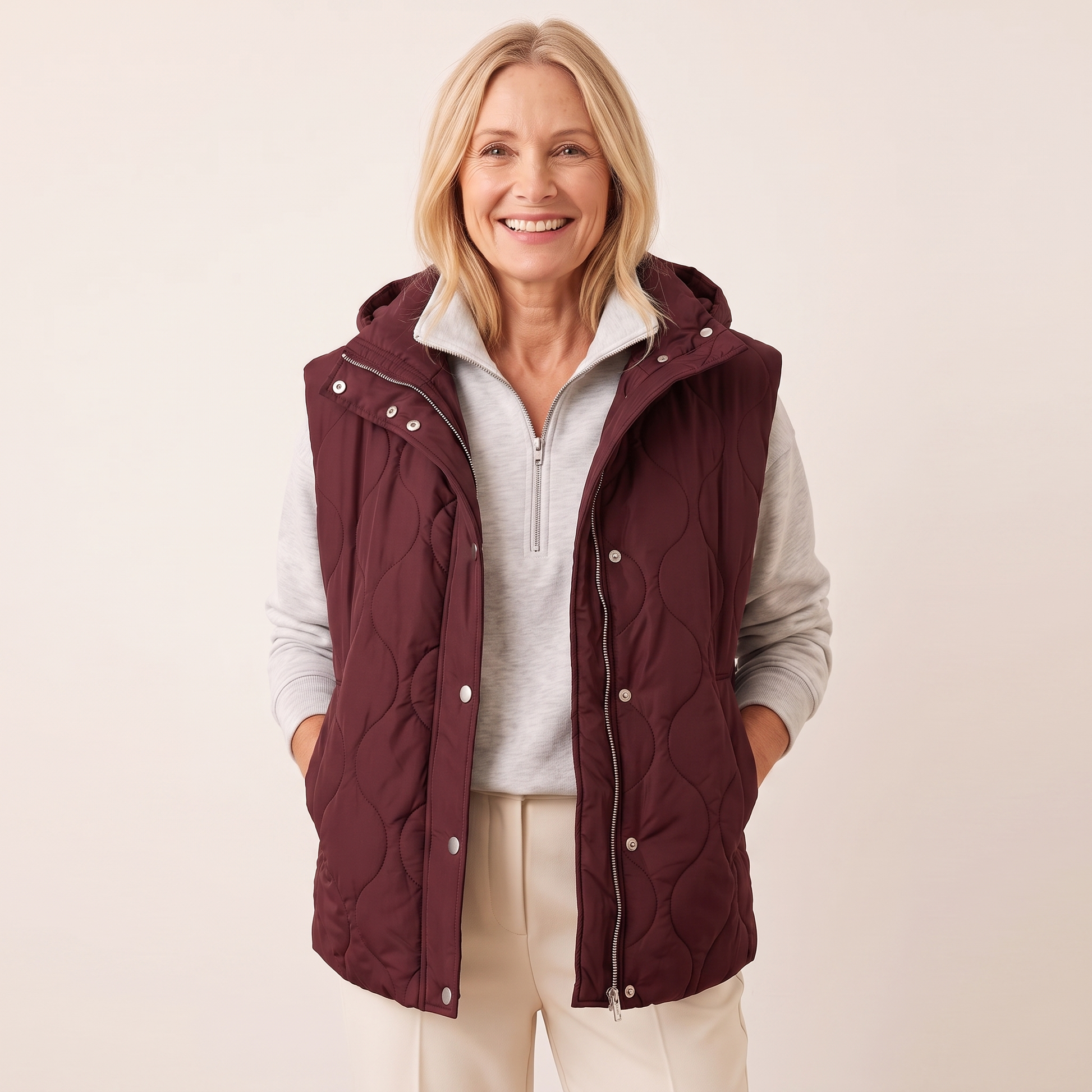 Ramona quilted hooded puffer vest in burgundy
