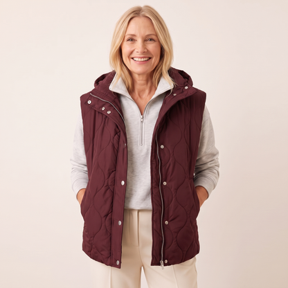 Ramona quilted hooded puffer vest in burgundy