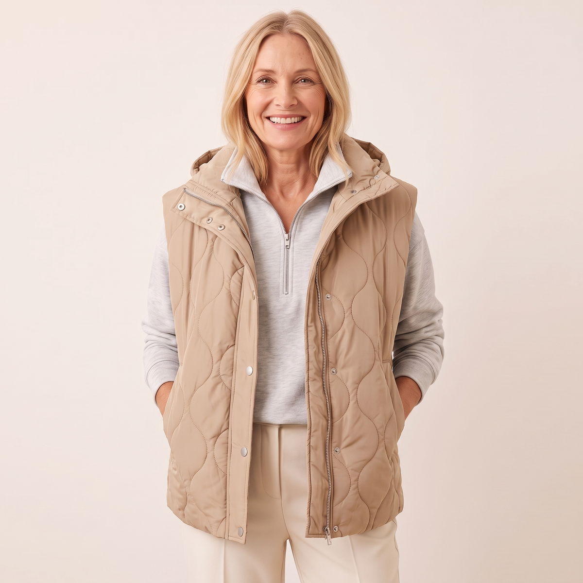 Ramona quilted hooded puffer vest in beige