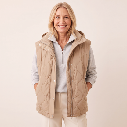 Ramona quilted hooded puffer vest in beige