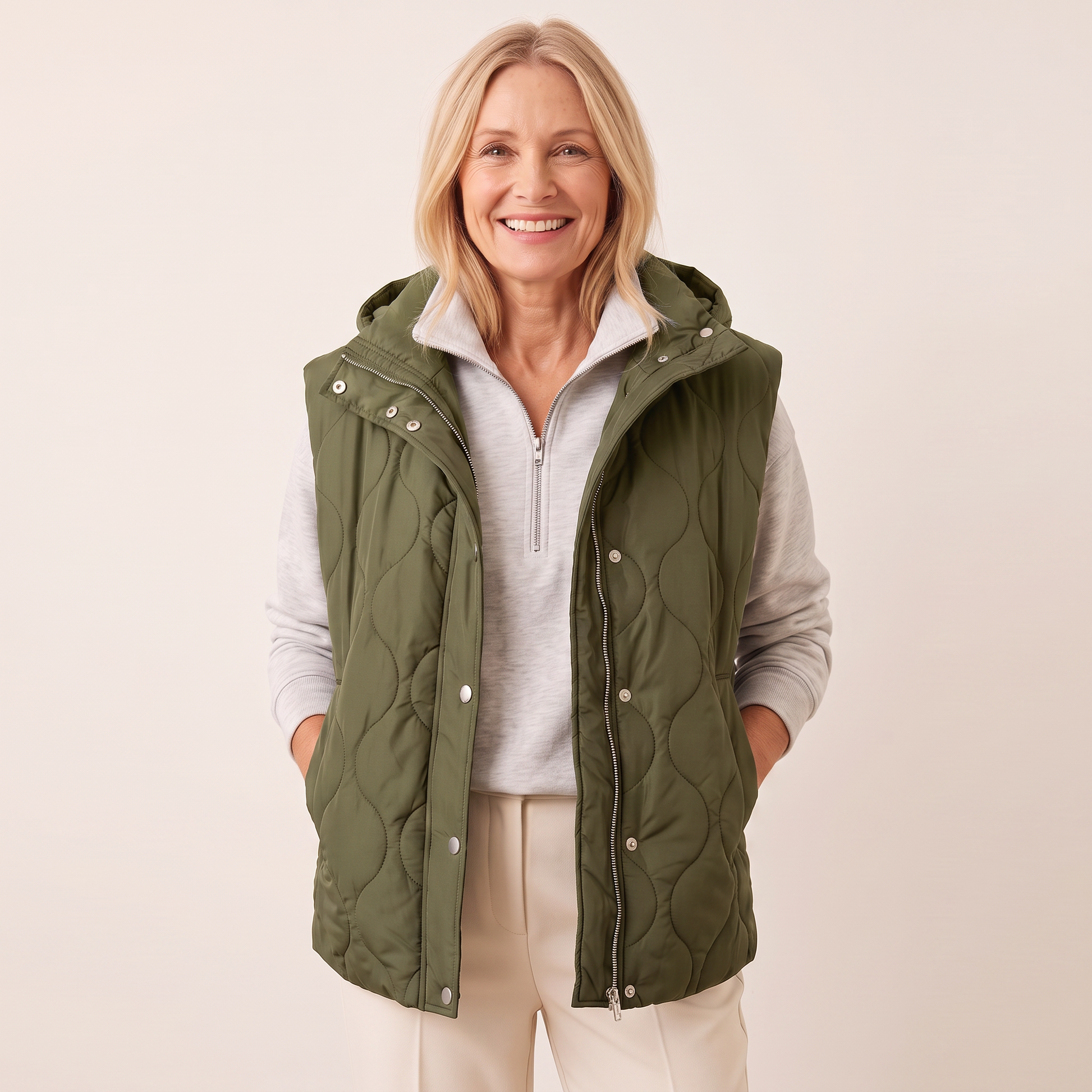 Ramona quilted hooded puffer vest in sage green