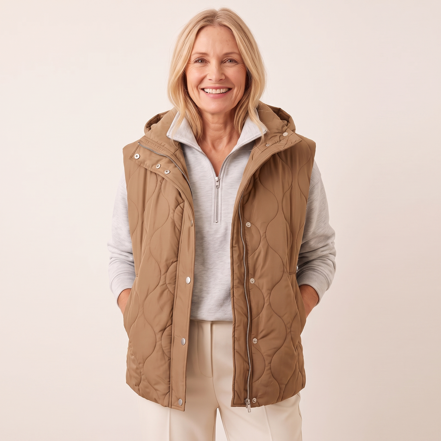 Ramona quilted hooded puffer vest in tan
