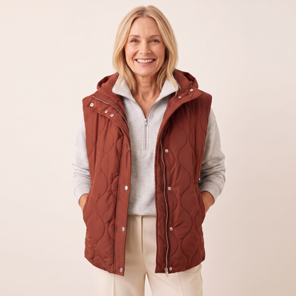 Ramona quilted hooded puffer vest in rust