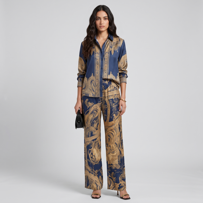 Vivian navy baroque print two-piece set, full look