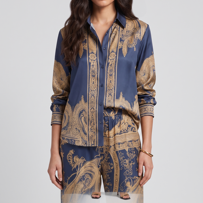 Close view of the gold baroque print and button placket on the Vivian shirt