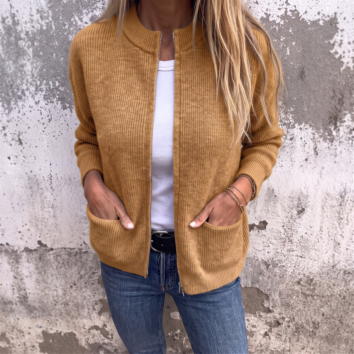 Sylvia zip-front knit cardigan in Mustard, front view over a white tee and blue jeans