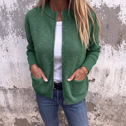 Sylvia zip-front knit cardigan in Emerald Green, front view showing the brushed rib knit texture