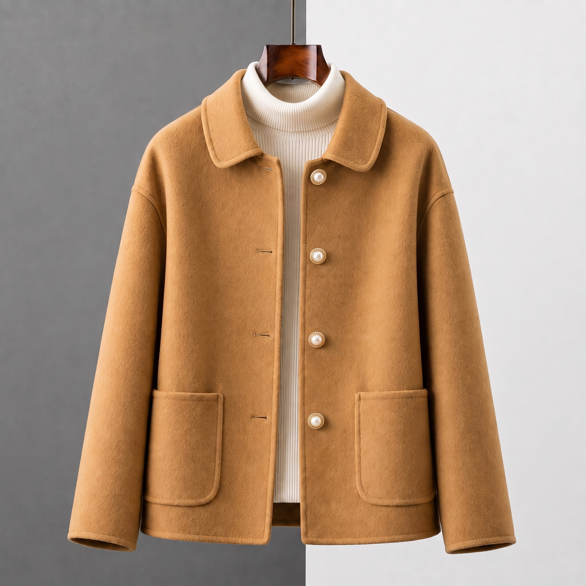 Myrna cashmere crop coat in Camel on a hanger, front view