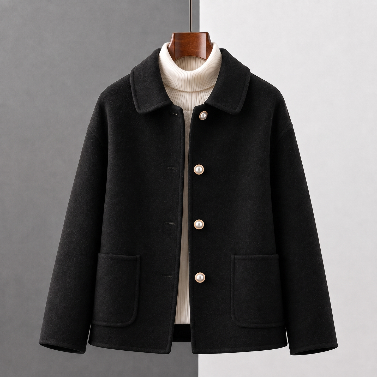 Myrna cashmere crop coat in Black on a hanger, front view