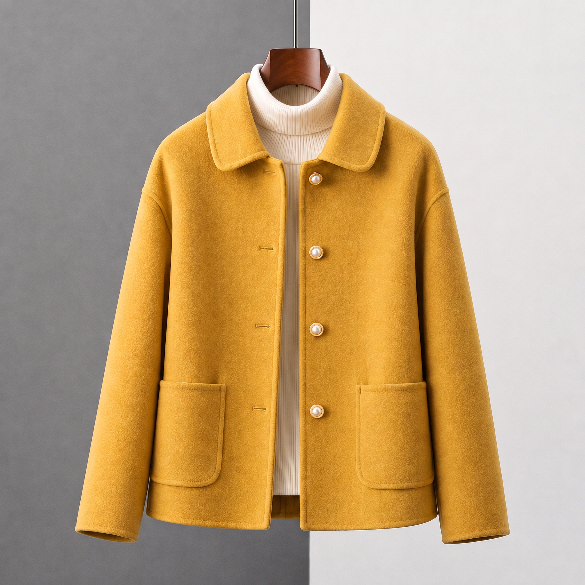 Myrna cashmere crop coat in Mustard on a hanger, front view