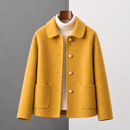 Myrna cashmere crop coat in Mustard on a hanger, front view