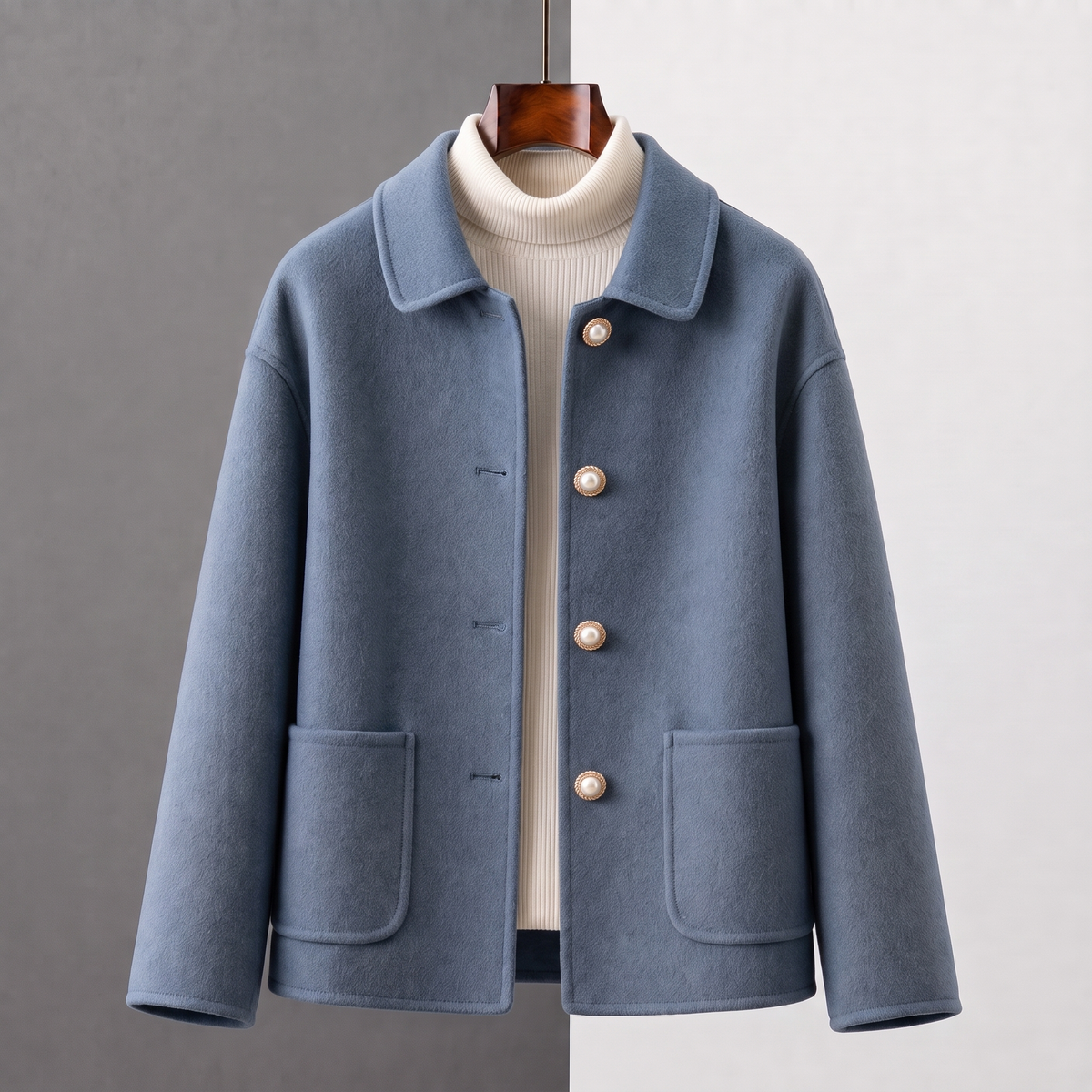 Myrna cashmere crop coat in Dusty Blue on a hanger, front view