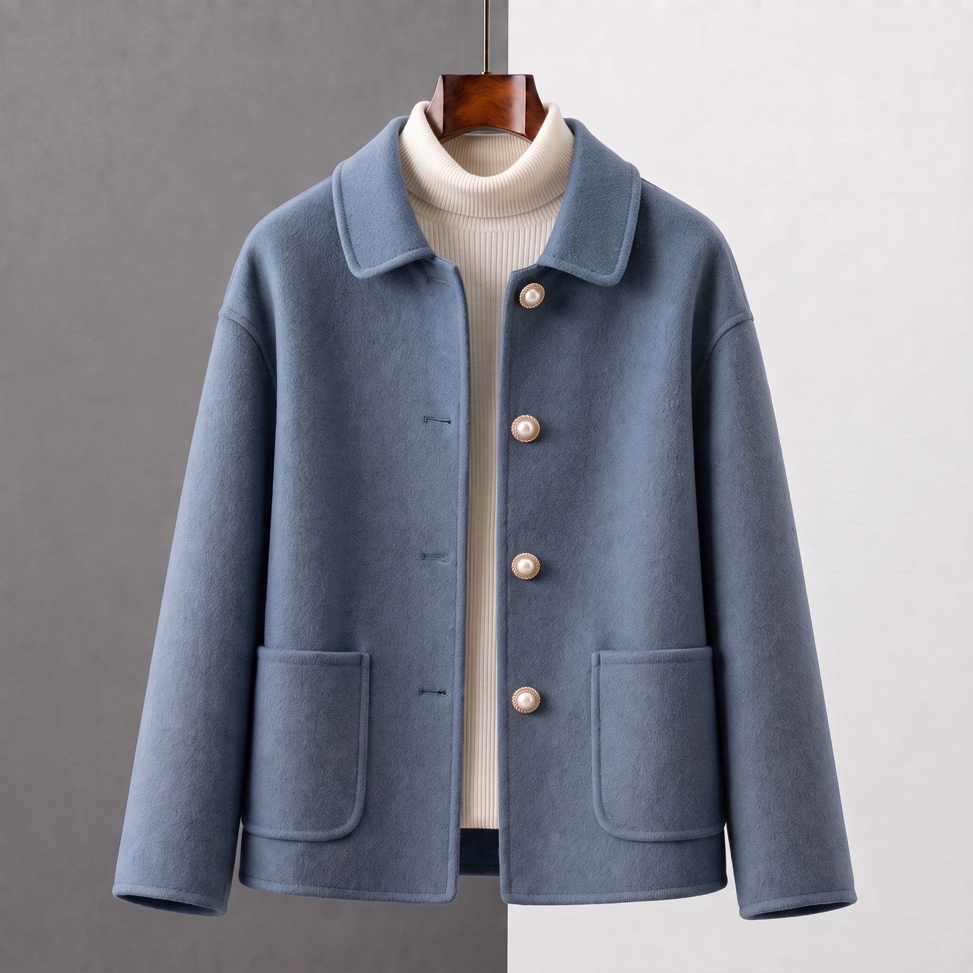 Myrna cashmere crop coat in Dusty Blue on a hanger, front view