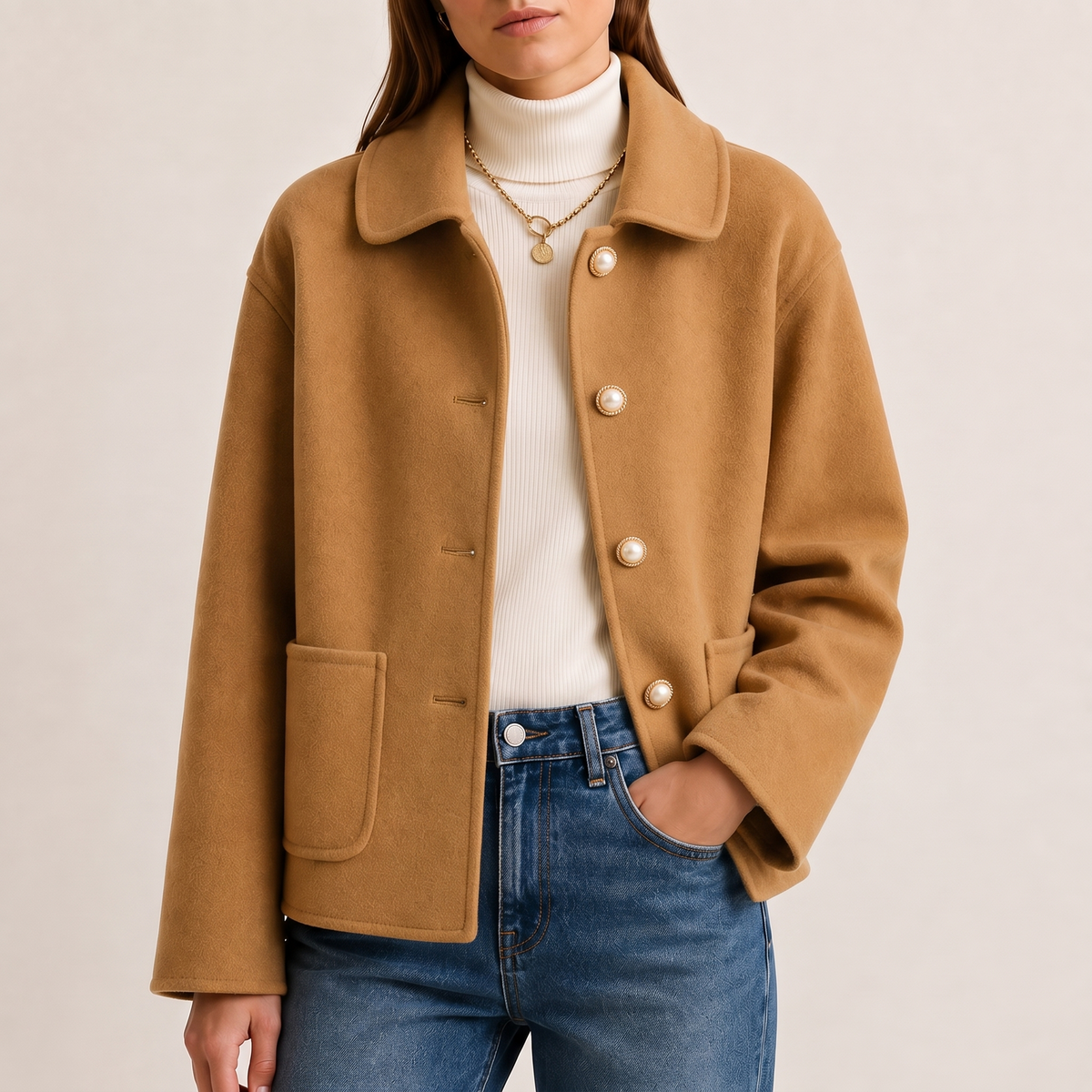 Myrna cashmere crop coat in Camel, worn open over a cream turtleneck and jeans