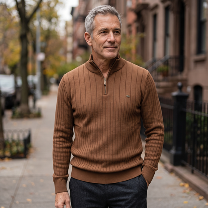 Man wearing the Vaughn quarter-zip sweater in brown on a city sidewalk