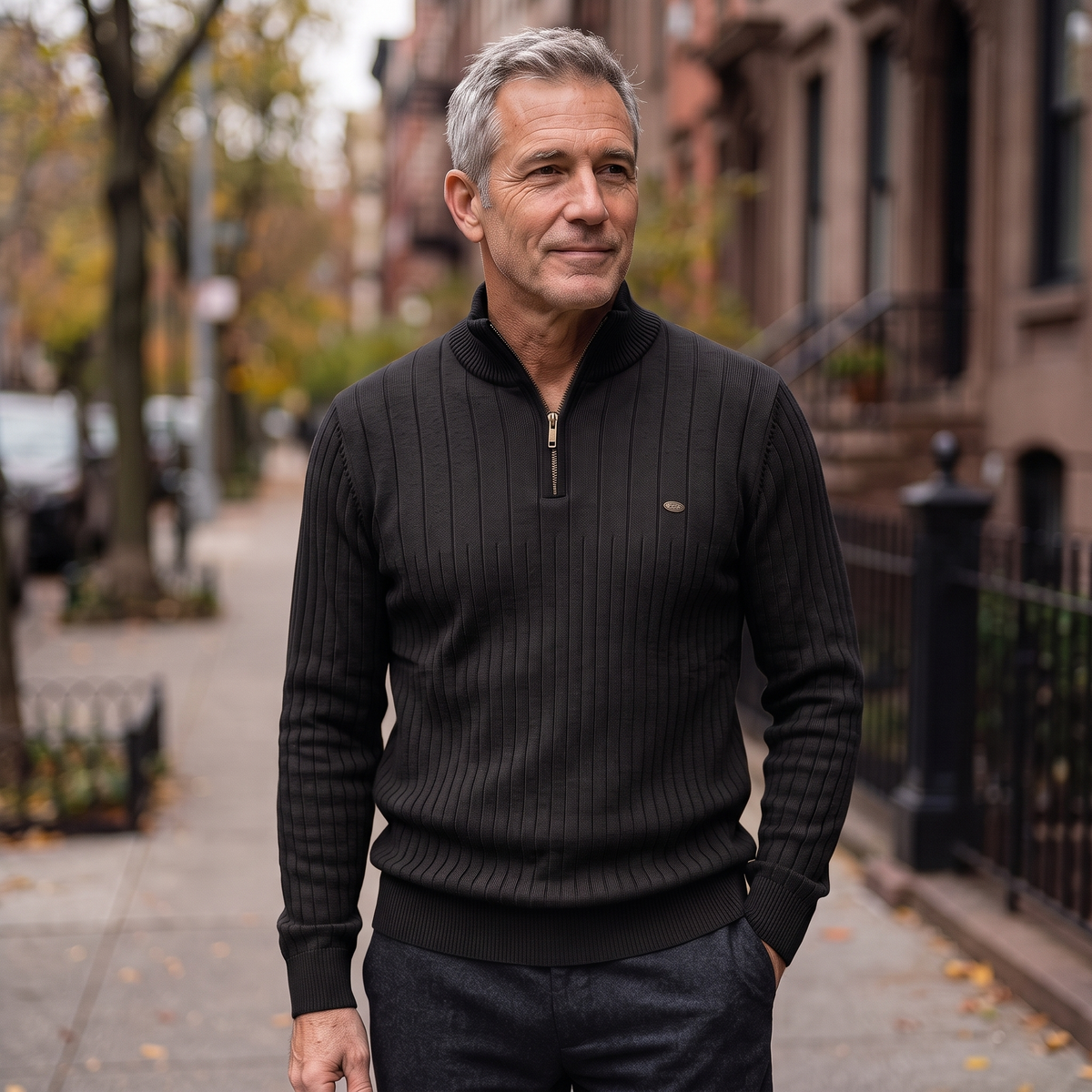Man wearing the Vaughn quarter-zip sweater in black on a city sidewalk