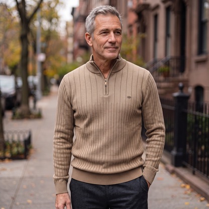 Man wearing the Vaughn quarter-zip sweater in tan on a city sidewalk