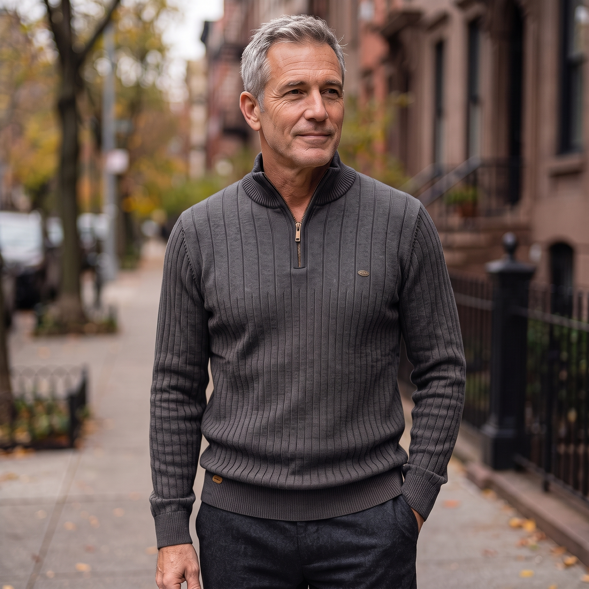 Man wearing the Vaughn quarter-zip sweater in dark gray on a city sidewalk