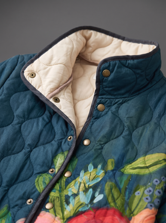 Close view of the stand collar, brass snaps and cream quilted lining on the Isadora jacket