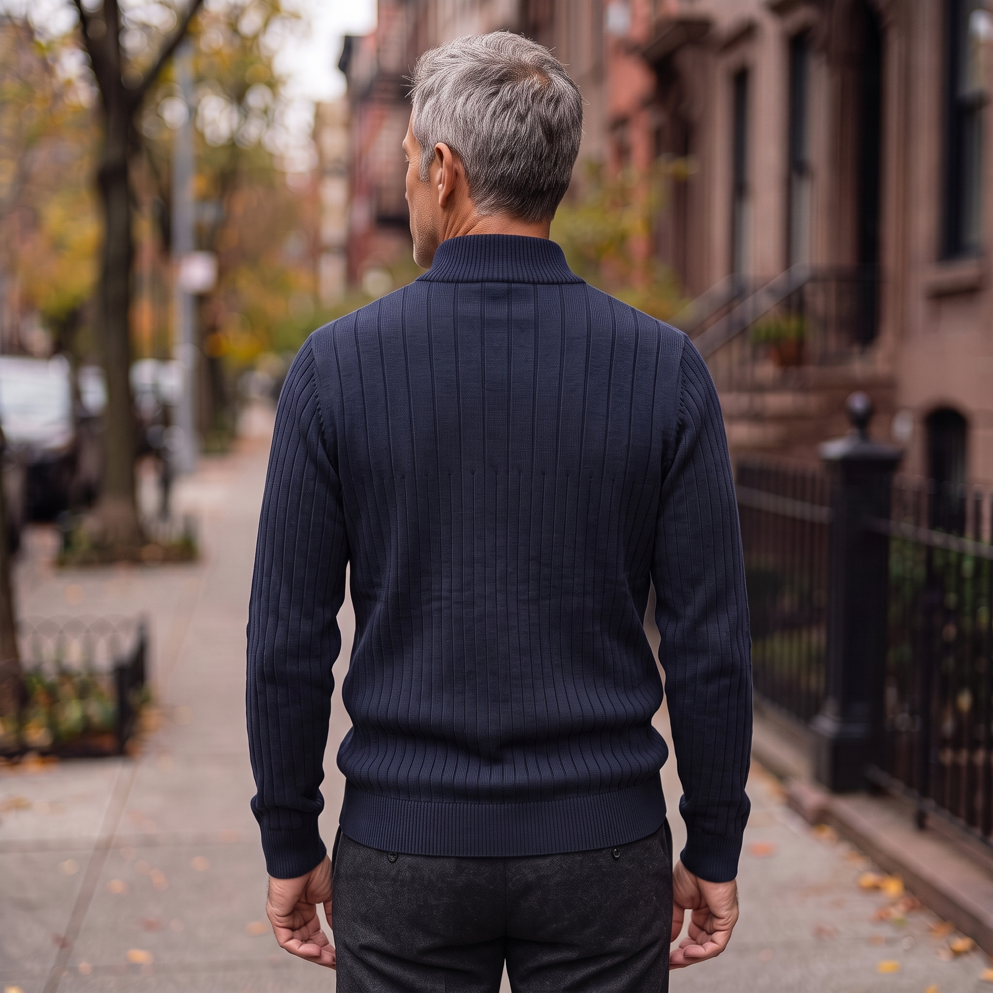 Back view of the Vaughn quarter-zip sweater in navy, showing the continuous vertical rib