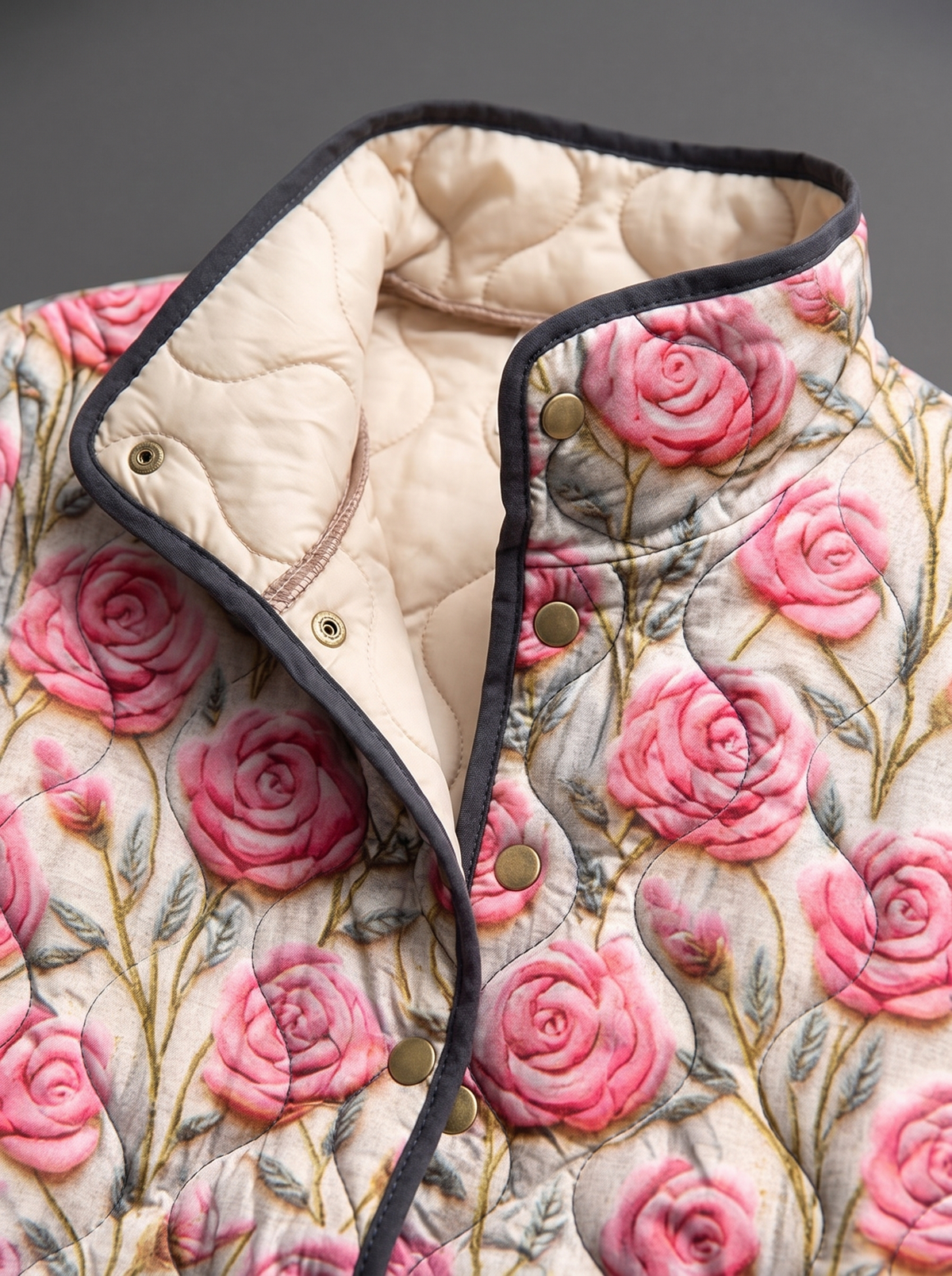 Close view of the stand collar, brass snaps and cream quilted lining on the Rosalyn jacket