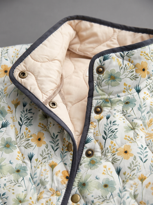 Close view of the stand collar, brass snaps and cream quilted lining on the Flora jacket