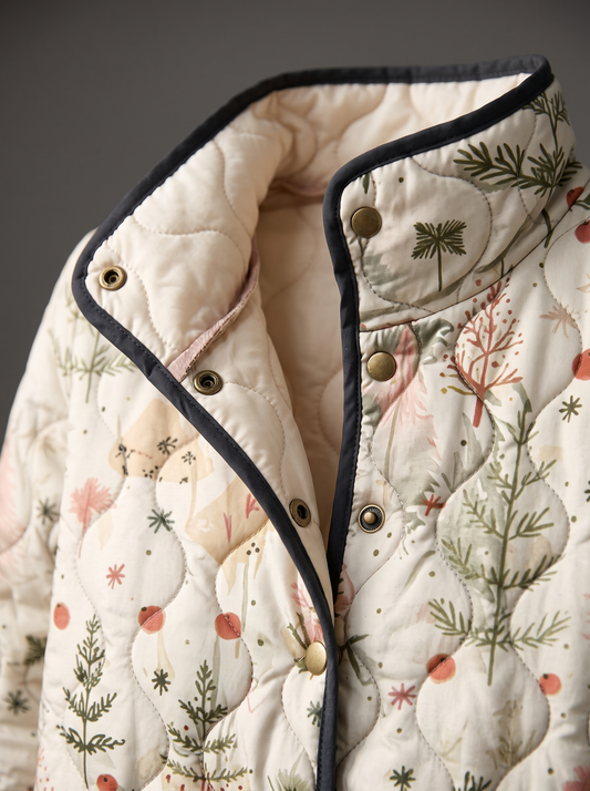 Close view of the stand collar, brass snaps and cream quilted lining on the Celia jacket