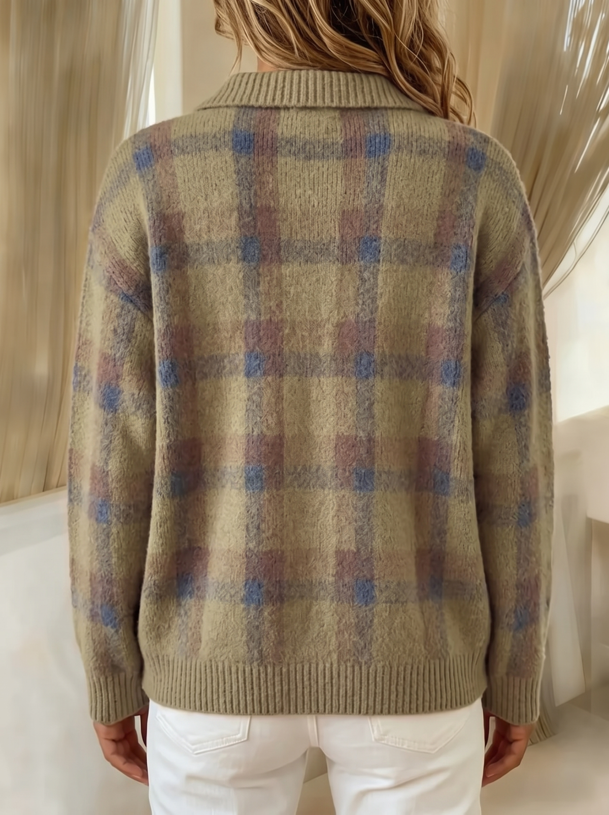 Wilma plaid cardigan in taupe, back view showing the plaid continuing across the back