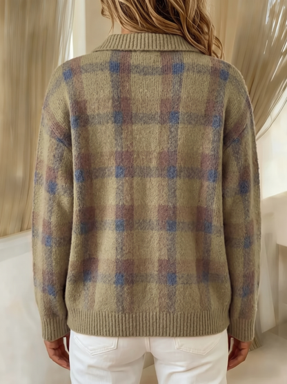 Wilma plaid cardigan in taupe, back view showing the plaid continuing across the back