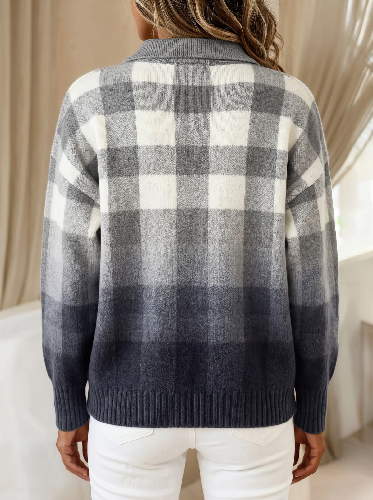 Gladys plaid cardigan in gray ombre, back view showing the plaid continuing across the back