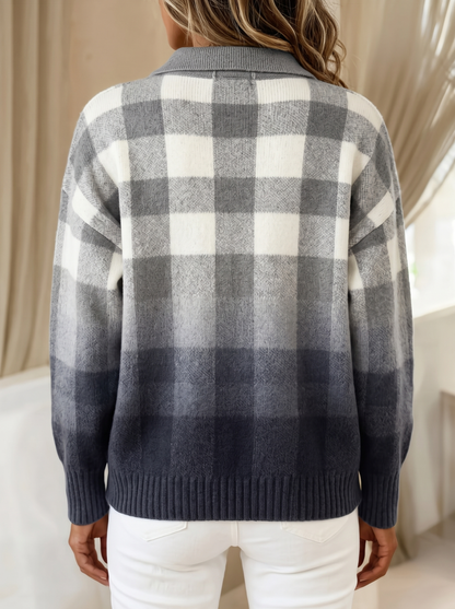 Gladys plaid cardigan in gray ombre, back view showing the plaid continuing across the back