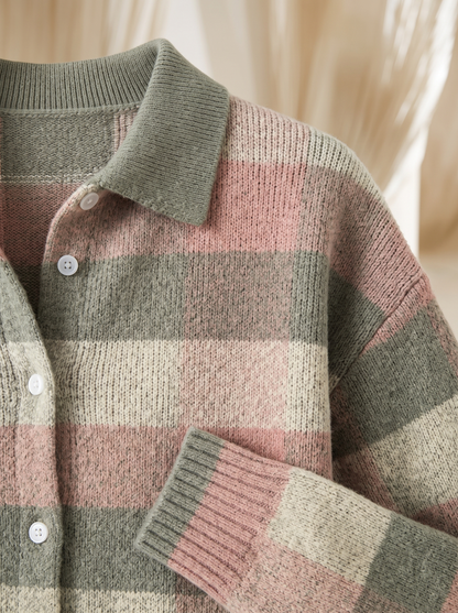 Close view of the collar, buttons and ribbed cuff on the Hattie plaid cardigan