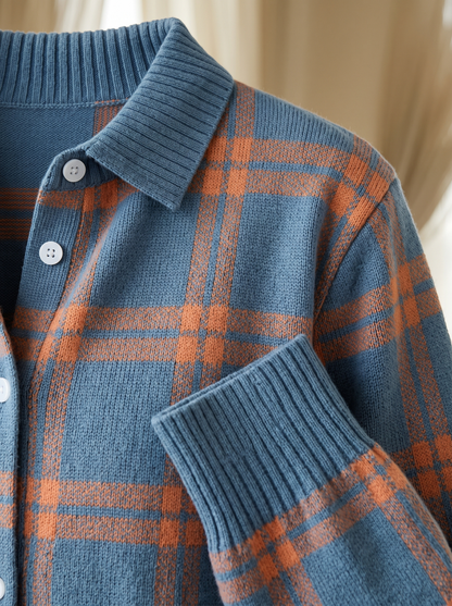 Close view of the collar, buttons and ribbed cuff on the Ruby plaid cardigan