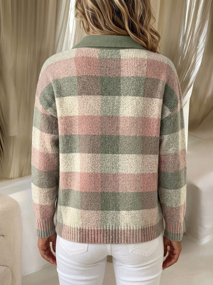 Hattie plaid cardigan in sage blush, back view showing the plaid continuing across the back