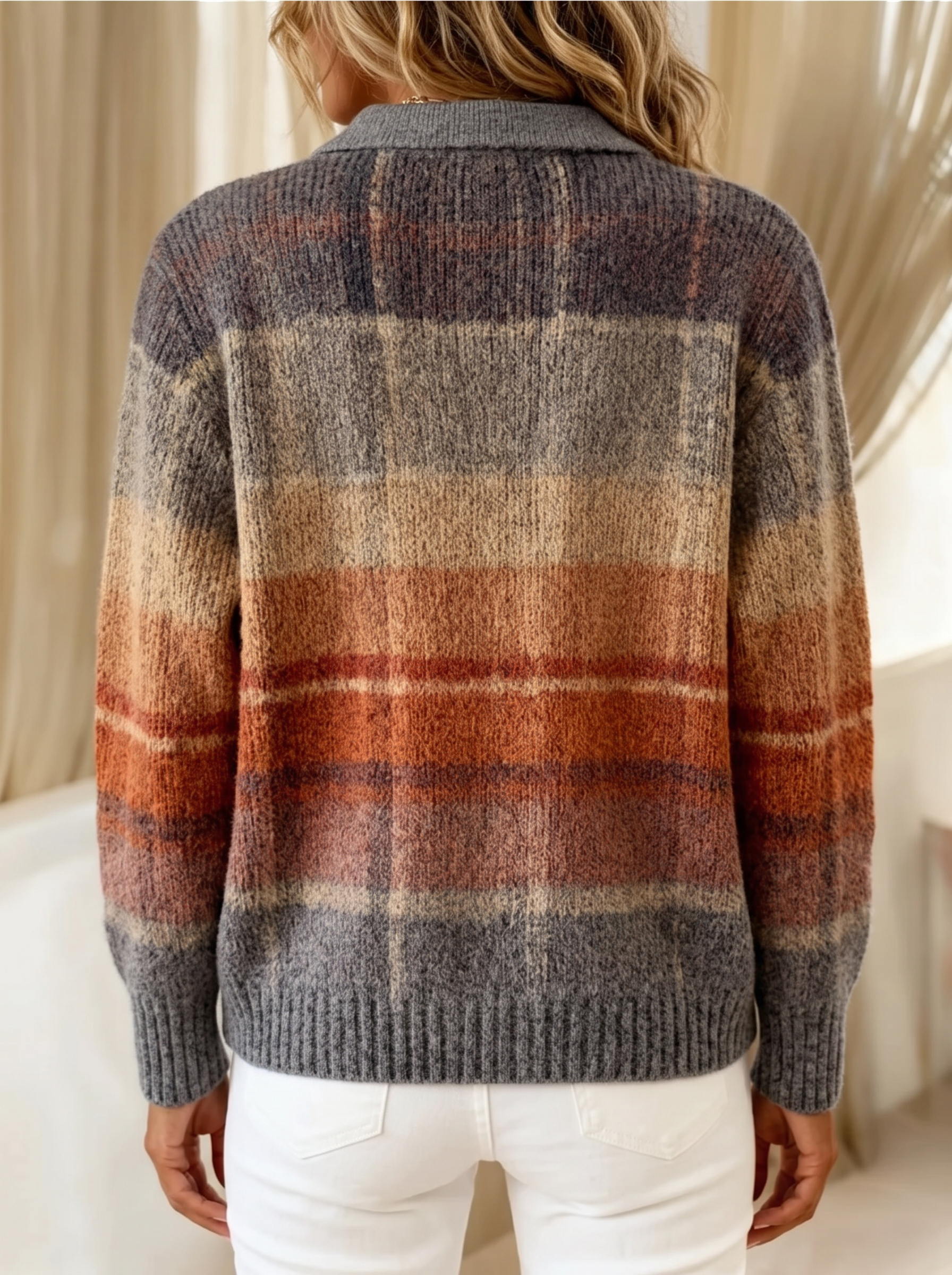 Mildred plaid cardigan in rust ombre, back view showing the plaid continuing across the back