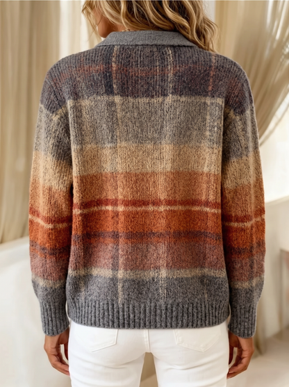 Mildred plaid cardigan in rust ombre, back view showing the plaid continuing across the back