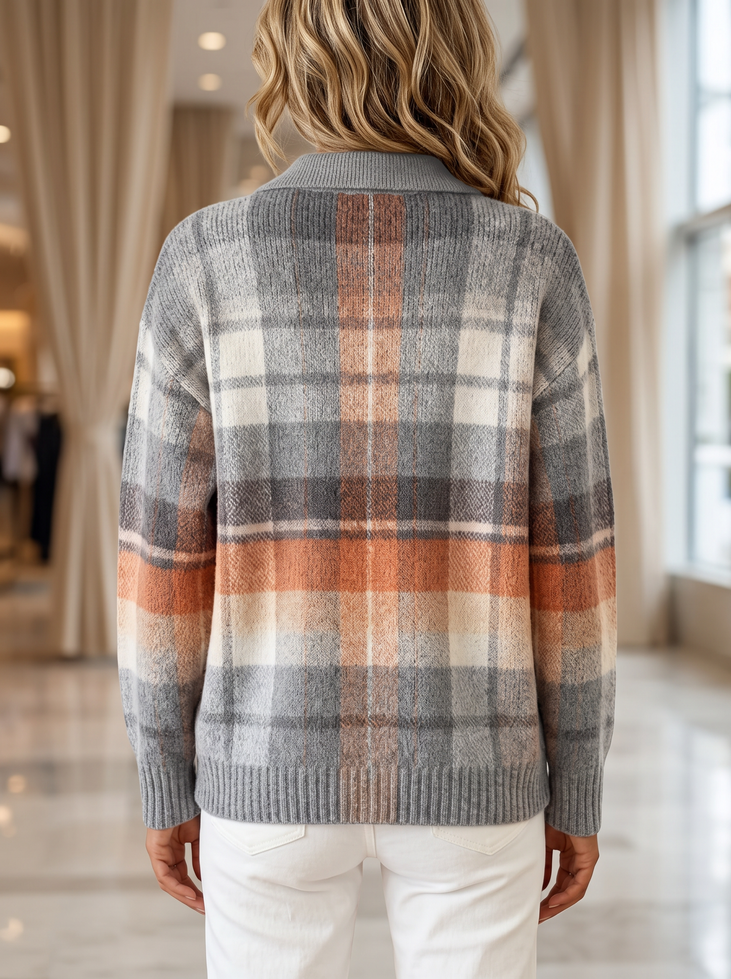 Zelda plaid cardigan in amber ombre, back view showing the plaid continuing across the back