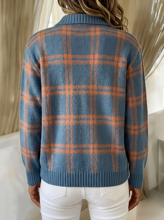 Ruby plaid cardigan in warm blue, back view showing the plaid continuing across the back