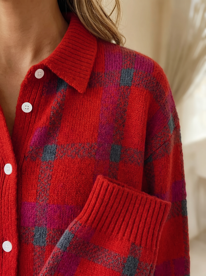Close view of the collar, buttons and ribbed cuff on the Ethel plaid cardigan
