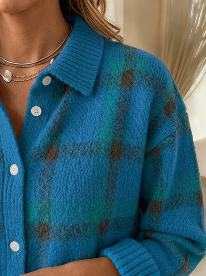 Close view of the collar, buttons and ribbed cuff on the Lois plaid cardigan