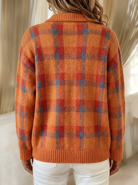 Sadie plaid cardigan in orange, back view showing the plaid continuing across the back