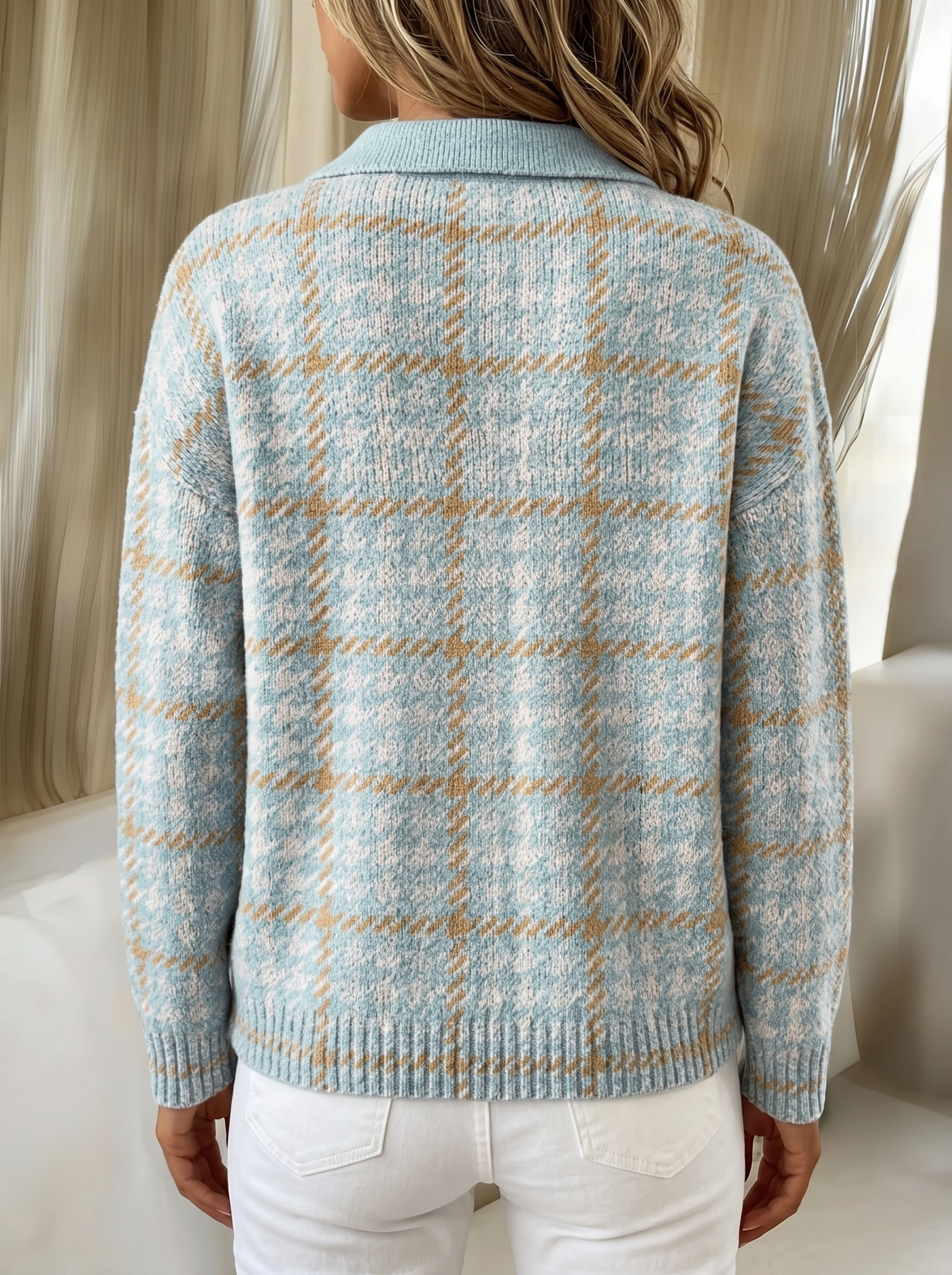 Nettie plaid cardigan in sky blue, back view showing the plaid continuing across the back