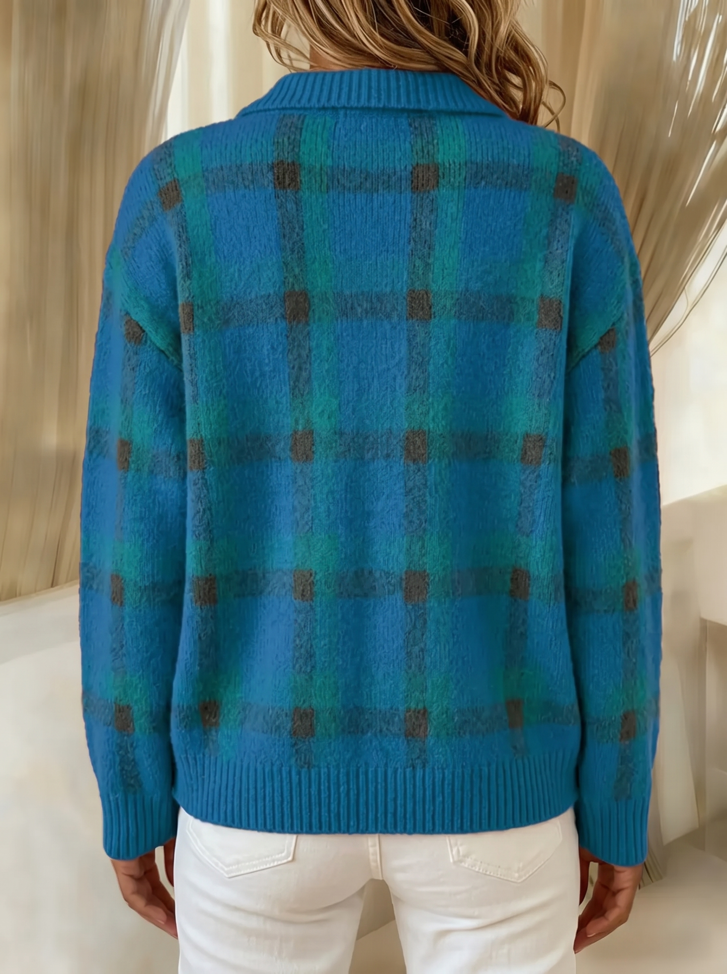 Lois plaid cardigan in teal blue, back view showing the plaid continuing across the back