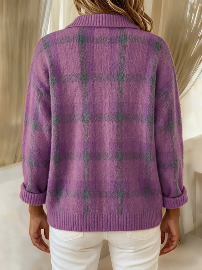 Velma plaid cardigan in purple, back view showing the plaid continuing across the back