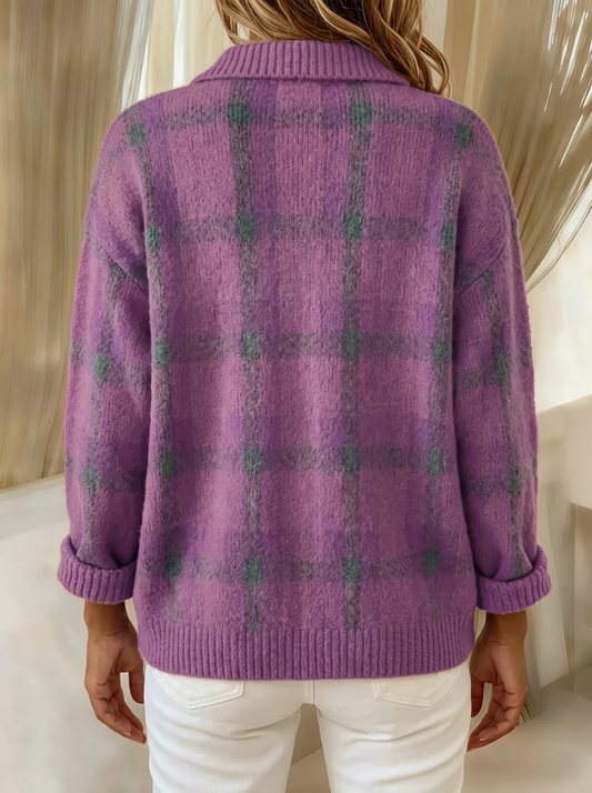 Velma plaid cardigan in purple, back view showing the plaid continuing across the back