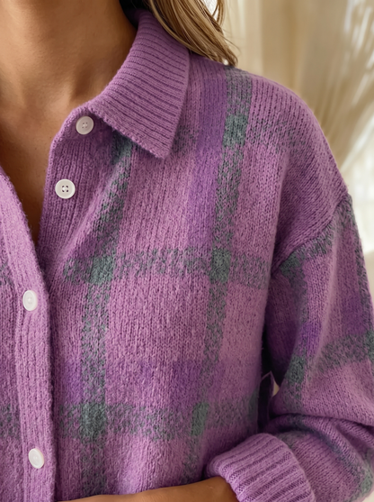Close view of the collar, buttons and ribbed cuff on the Velma plaid cardigan