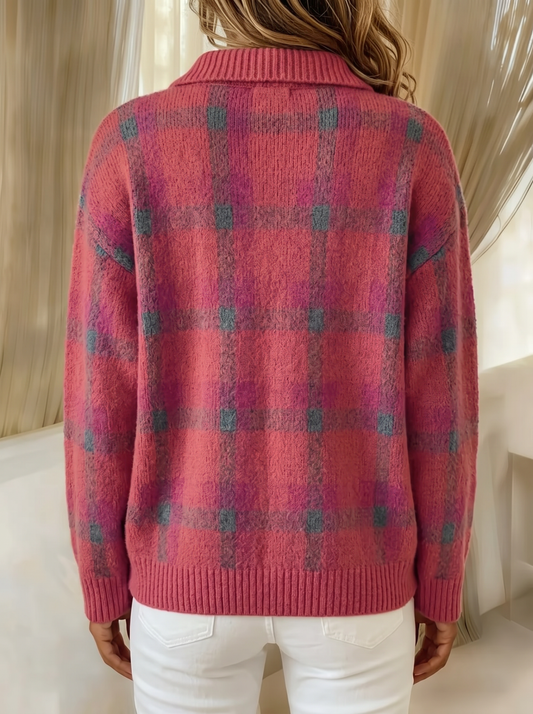Nola plaid cardigan in rose pink, back view showing the plaid continuing across the back